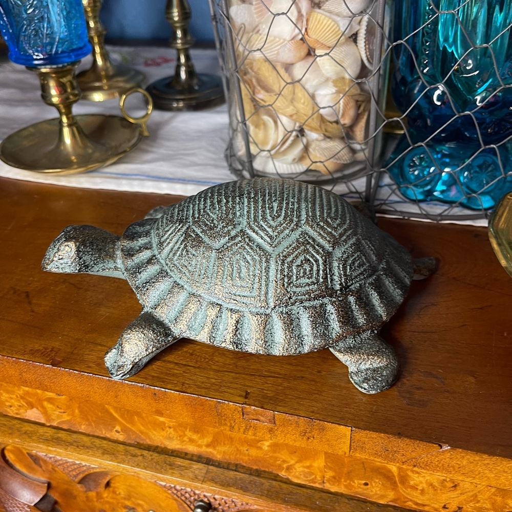 Vintage Cast Brass Metal Turtle Sculpture Figurine 7" EUC